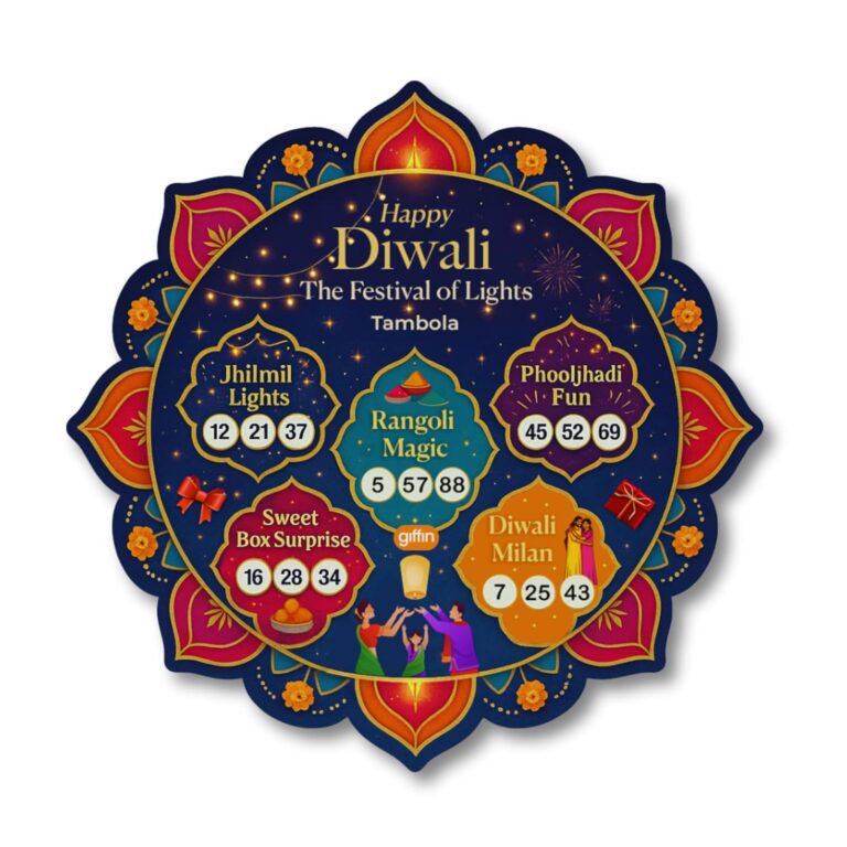 Giffin Diwali Tambola Tickets with Sketch Pens | Festival-Themed Party Housie Game for Adults and Kids | Fun Game for Kitty Parties, Family Gatherings & Diwali Celebrations (Pack of 16 Tickets)