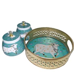AC ANAAND CRAFTS Pichwai Tray & 2 Metal Jars Set – 250 ml Each | Traditional Pichwai Painted Cow Print Jars with Serving Tray | Perfect for Diwali Decor, Return Gifts & Home Storage (COW PRINT)