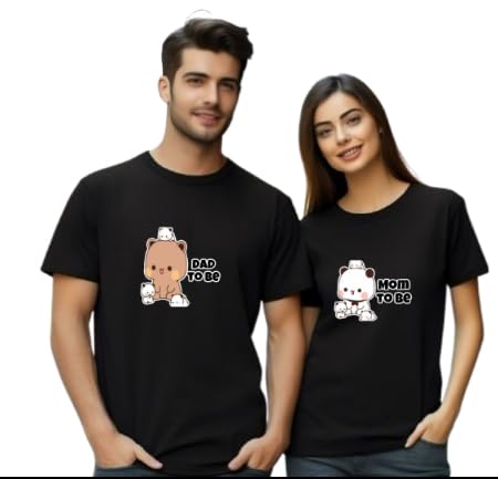 AWKAAT Men’s Cotton Regular Fit T-Shirt | BUBBU DUDDU | GOMA Peach | Milk Bear | Plush Panda | Valentine Day | Cute Couple Black Tshirt for Men & Women – MOM/DAD to BE