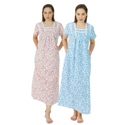 Omney – Women Cotton Sleep Wear Night Dress Women’s Printed Latest Western Ladies Maxi Night Nighty for_Ankle Length (Free Size) Diwali fastival Pack of 2 Multicolour