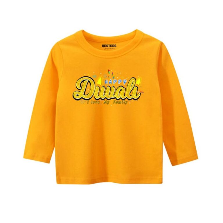 ZOOTEE Fashion Unisex Boys & Girls Diwali Family Celebration Happy Diwali Printed Tshirts Round Neck Full Sleeve Mustard Color t-Shirts