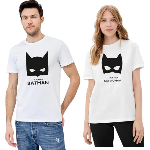 Matching Couple T-Shirts, Batman and Catwoman Design, White Cotton, Graphic Print