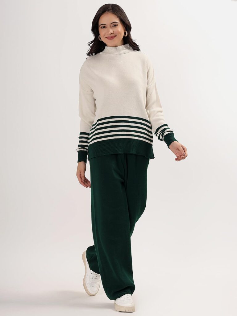 Kvetoo Women Winter Coord Set Wool Blend Tracksuit High Neck Sweater and Wide Leg Pants Warm Knitwear Pyjama Set for Casual Office Travel Wear