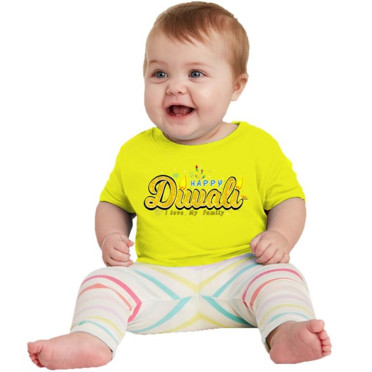 ZOOTEE Fashion Unisex Boys & Girls Diwali Family Celebration Happy Diwali Printed Tshirts Round Neck Half Sleeve Yellow Color t-Shirts