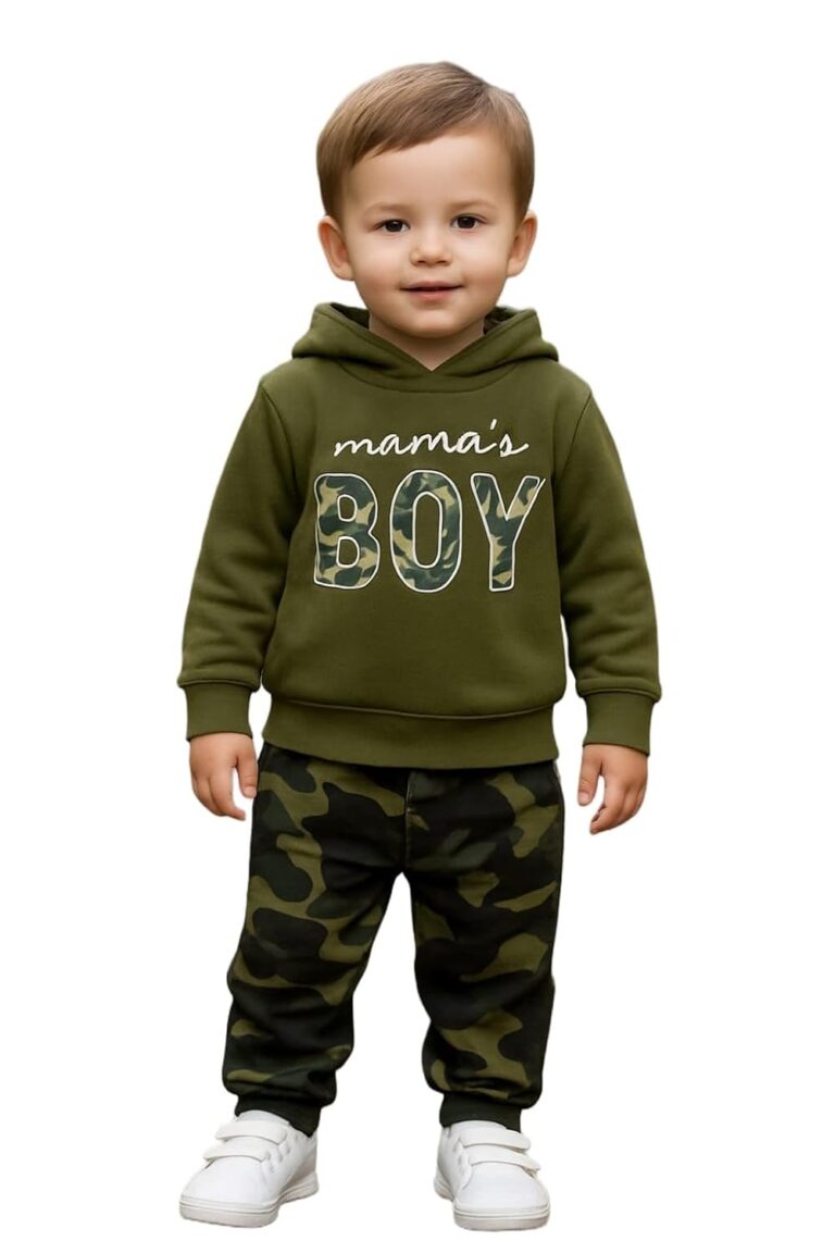 Indhrani Creations Kids Clothes for Boys | Green Hoodie & Camo Jogger Pant Set | Mama’s Boy Printed Tshirt Outfit | Cotton Dress for Toddlers & Kids, Green 3-4 year
