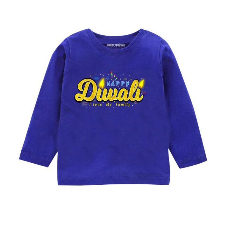ZOOTEE Fashion Unisex Boys & Girls Diwali Family Celebration Happy Diwali Printed Tshirts Round Neck Full Sleeve RoyalBlue Color t-Shirts