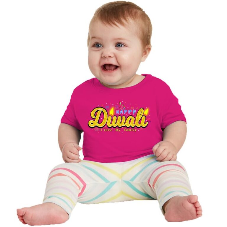 ZOOTEE Fashion Unisex Boys & Girls Diwali Family Celebration Happy Diwali Printed Tshirts Round Neck Half Sleeve Dark Pink Color t-Shirts