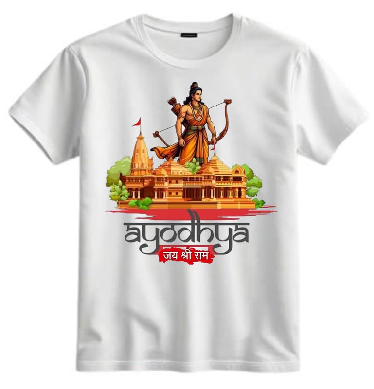 Moody Looks Kids Shri Ram Printed T-Shirt | Jai Shri Ram Festival Wear for Boys & Girls | Ram Navami & Diwali Special Polycotton Graphic Printed White Round Neck T Shirt (PY-465)