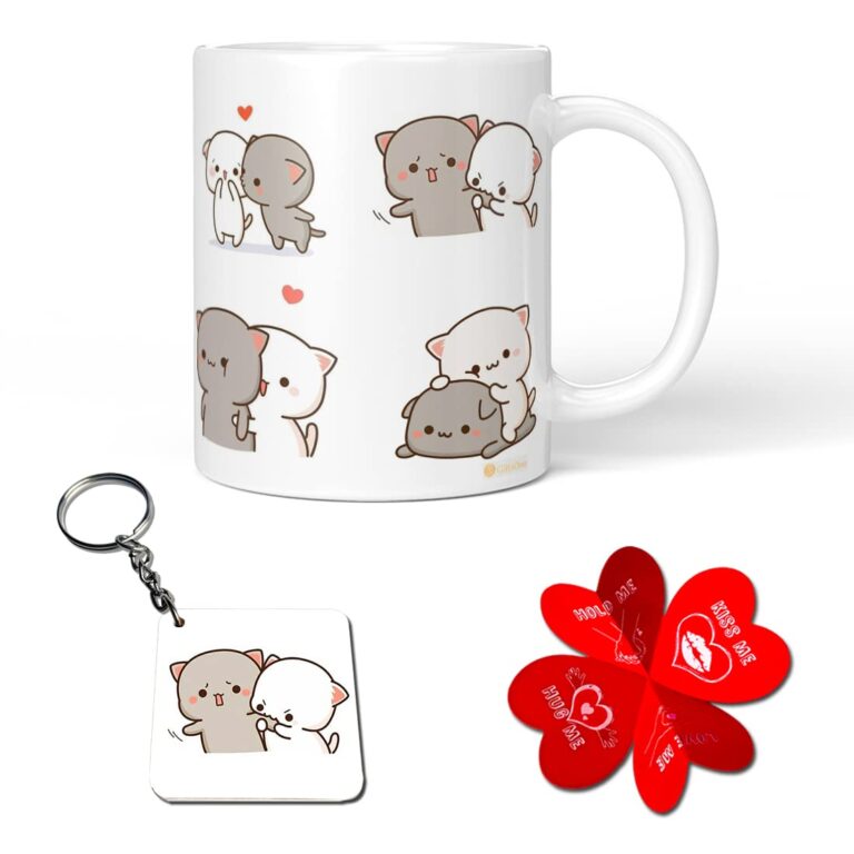 GiftsOnn Goma & Peach Bear Combo Set Love Gift for Girlfriend,Boyfriend,Wife, Husband, Anniversary, Valentine’s Day, Birthday, Gift for Love,Wedding Gift (White Mug, 330 ml,Keychain, Card)