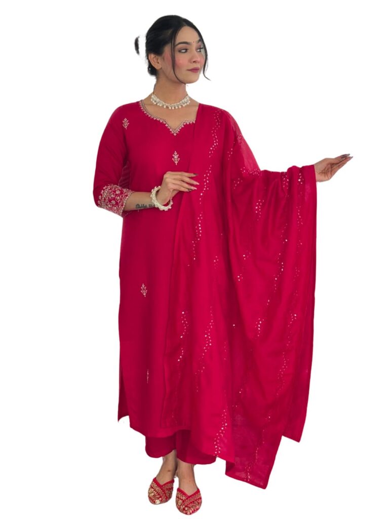 Naixa Women’s Gajri Chanderi Embroidered Straight Kurta with Chanderi Silk Pant and Chanderi Silk Laced Dupatta Sets (NK-426)