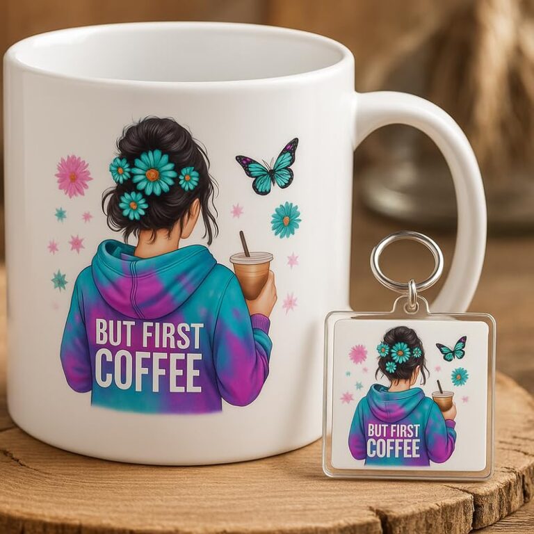 Choicecases “But First Coffee Mug and Square Keychain Set – Tie-Dye Girl with Flowers and Butterfly Design – Coffee Lover Gift for Everyone_4701