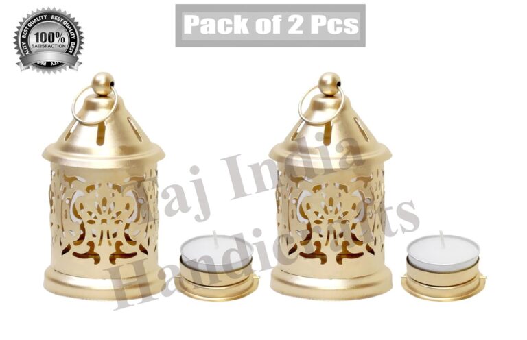 Metal Ragas Lantern (6x6x12 CM) Decorative with Free Candle T-Light & Gold Color for Diwali Decoration Light Diyas (Pack of 2 Pcs)