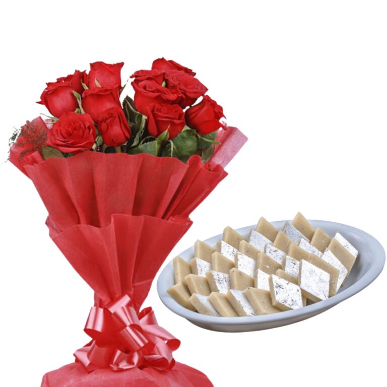 Bigwishbox Special Diwali Hamper Combo with Fresh Flowers Red Roses Bouquet & Kaju Katli Sweet Box 500g | Next Day Delivery