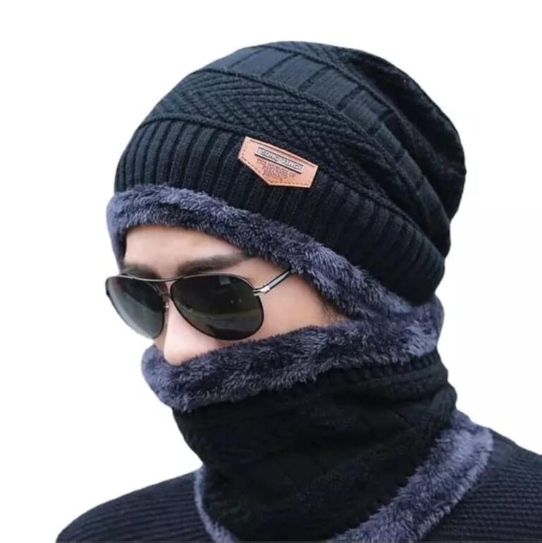 Brand Conquer Wool Beanie Cap & Muffler for Mens & Women – Winter Cap for Men – Men’s Woolen Cap with Neck Muffler – Winter Muffler for Women – Soft Woolen Muffler & Cap for Men & Women Black