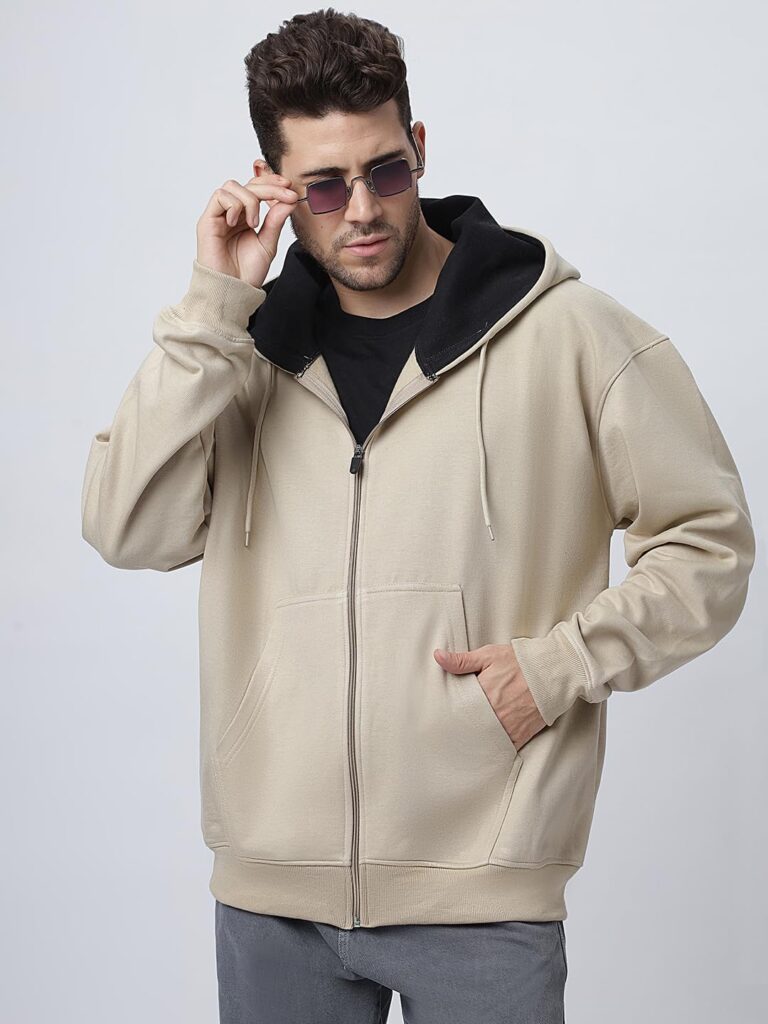 BE SAVAGE Long Sleeves Oversized Hooded Neck Zipper Baggy Hoodie Drop Shoulder Jacket for Men’s