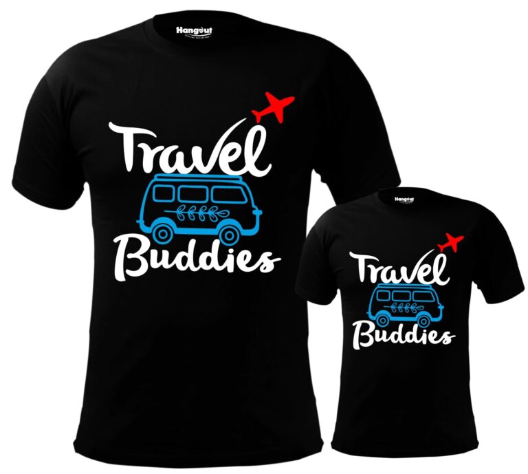 Hangout Hub Cotton T shirts | Round Neck |Printed Travel Buddies| Black| White| Yellow Color| Regular Fit| dad son Family Matching Combo (Set of 2)