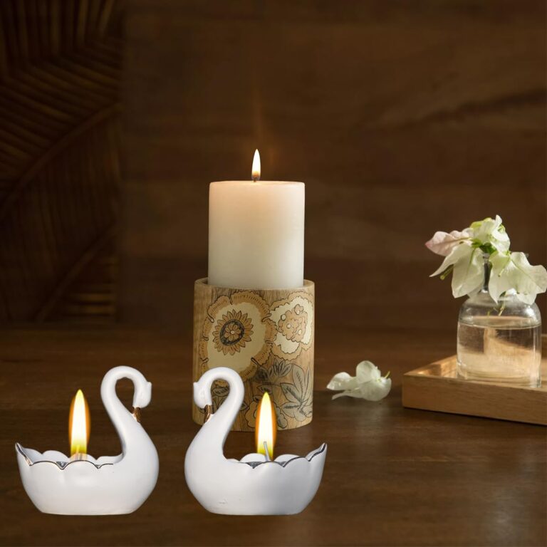 Saugat Traders Swan Pair Tealight Candle Holder for Home Decor – White Swan Couple Showpiece – Diwali Decoration Items for Table Decor – Diwali Gift – Mandarin Ducks Pair