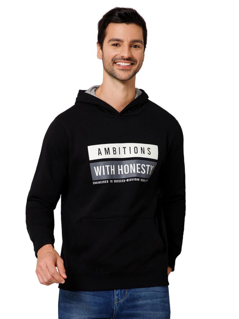 Cantabil Printed Black Full Sleeves Regular Fit Mens Casual Sweatshirt with Hoodie | Casual Winter Sweatshirts for Men | Mens Sweatshirts for Winter Wear (P_MSWS00122_Black)