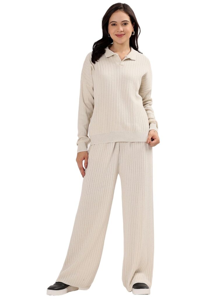 Kvetoo Winter Cord Set for Women Ribbed Knit Tracksuit Pajama Set Two Piece Travel Wear with Collar Polo Sweater Top and Wide Leg Pant
