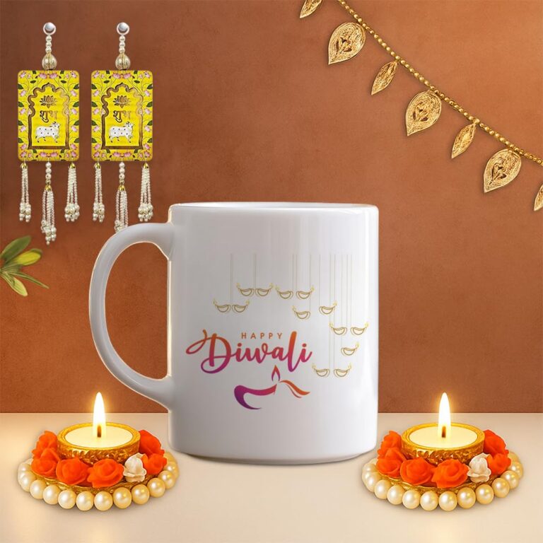 STARLIGHT Diwali Combo Gift Set – Ceramic Printed Mug, Shubh Labh Hanging, Toran, 2 Tea Light Holders & Diwali Card for Gifting & Decoration