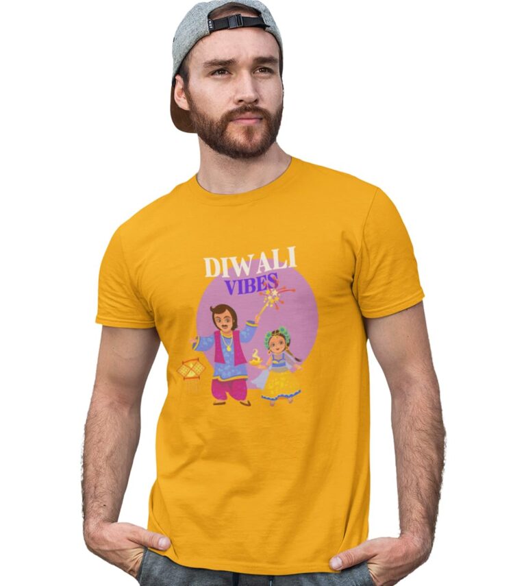 RUSHAAN Diwali Vibes Printed Yellow Tees for Diwali Themed