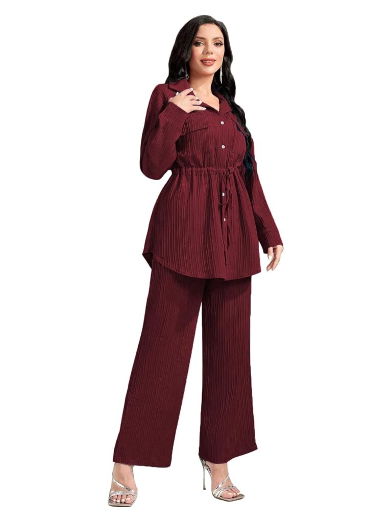 TADKEE Women’s Solid Color Casual Long Sleeve Top and Pant Co-ord Set with Pockets | Co ord Set for Women | Kurta Set for Women
