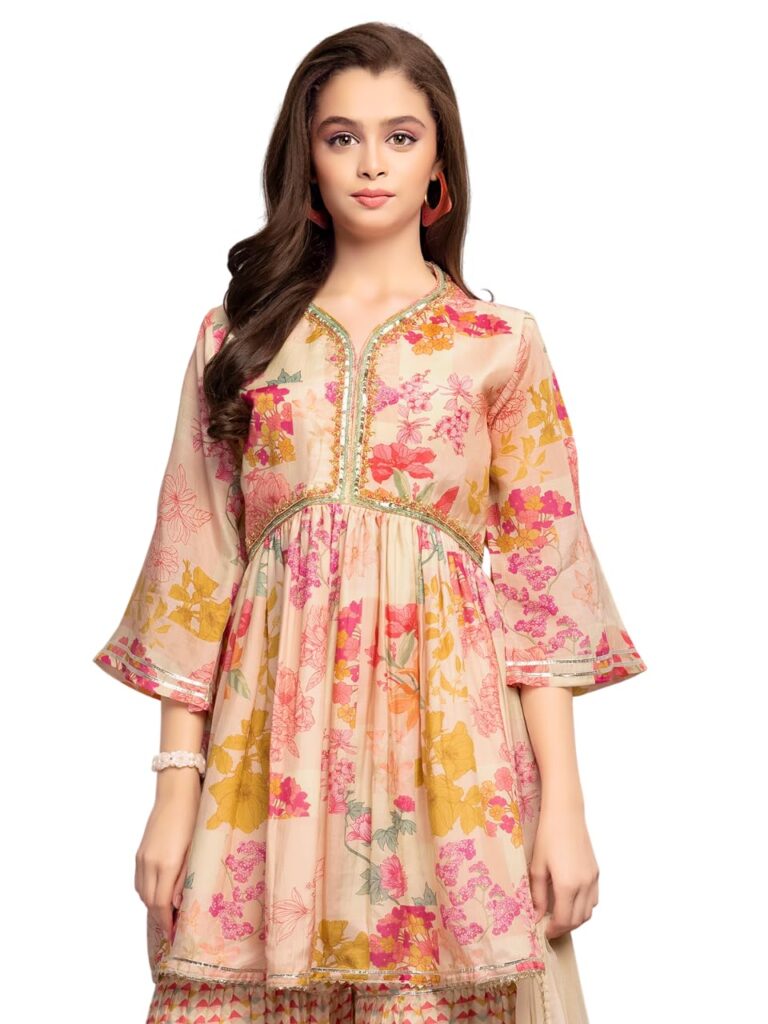 White Button Kid’s Art Silk New Printed Peplum Yellow Kurta And Palazzo Set For Dress