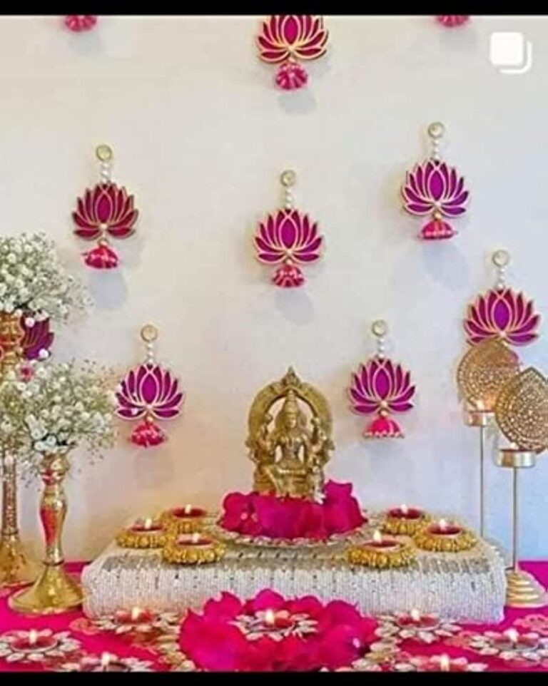 Divyakosh Handmade Engineered Wood Wall Decor Export Quality Lotus with Jhumki Style Hanging for Home, Temple, Diwali, Pooja, Wedding & All Festival Decor, Pink/Raani, 6 Pcs