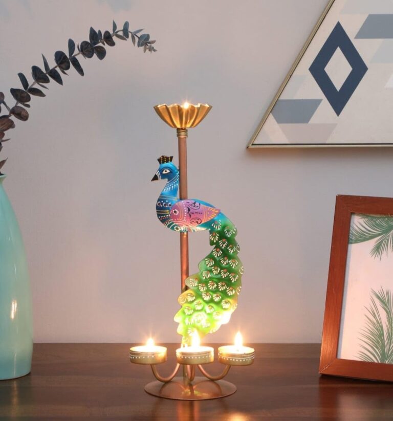 CraftVatika Elegant Metal Peacock Candle Holder – Perfect Home Decoration Diwali, Intricate Design Tealight Candle Holders for Home Diwali Christmas Décor (Single Side)