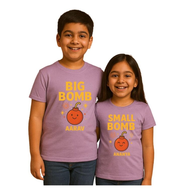 Bouncy Toonz Matching Diwali Sibling Tees – Personalized Big Bomb and Small Bomb Funny Childrens Wear – Perfect Celebration Outfit for Boys and Girls (Diwali-Kids-Big-Small-Bomb)