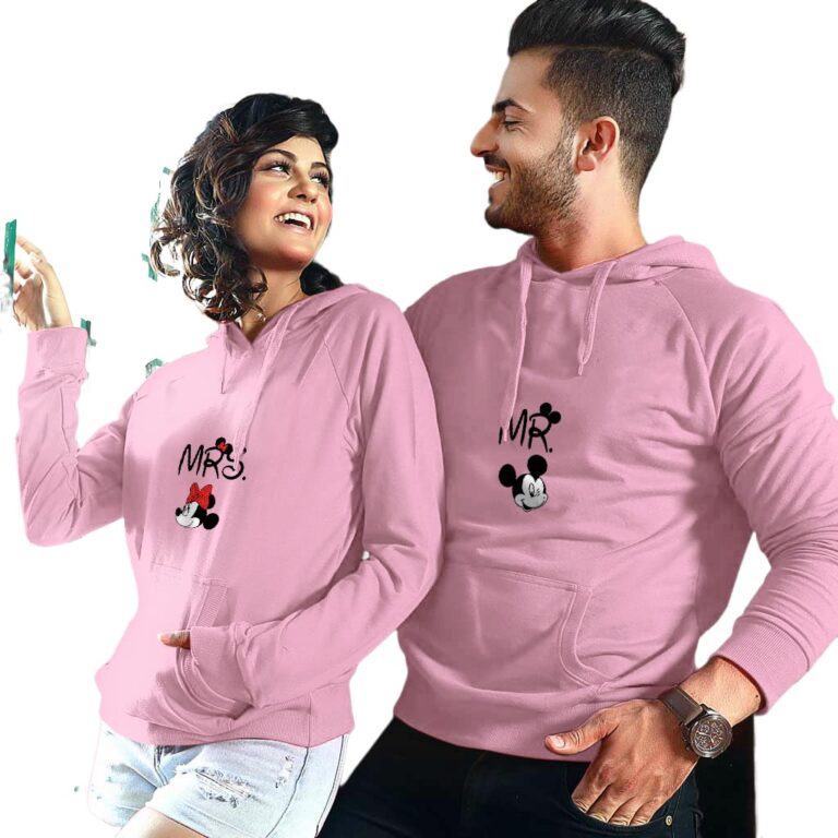 SATPURUSH Men’s & Women’s Casual MR & MRS Micky Mouse Printed Full Sleeve Cotton T Shirt, Warm Pullover Monkey Cap, Hooded Neck, Regular Fit, Sweatshirts Hoodies for Couple- Pack of 2