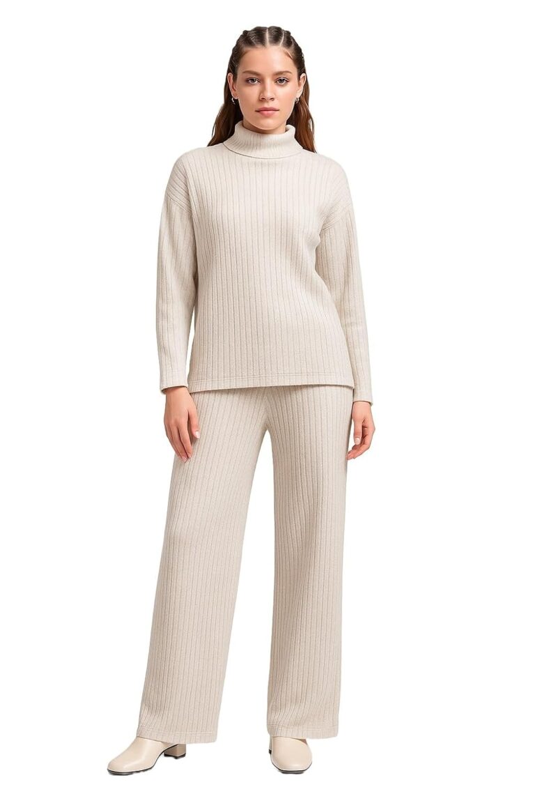 Kvetoo Women Winter Coord Set Wool Blend High Neck Sweater and Wide Leg Pants Warm Tracksuit Pajama Set Two Piece Knitwear Travel Wear for Lounge Casual Office