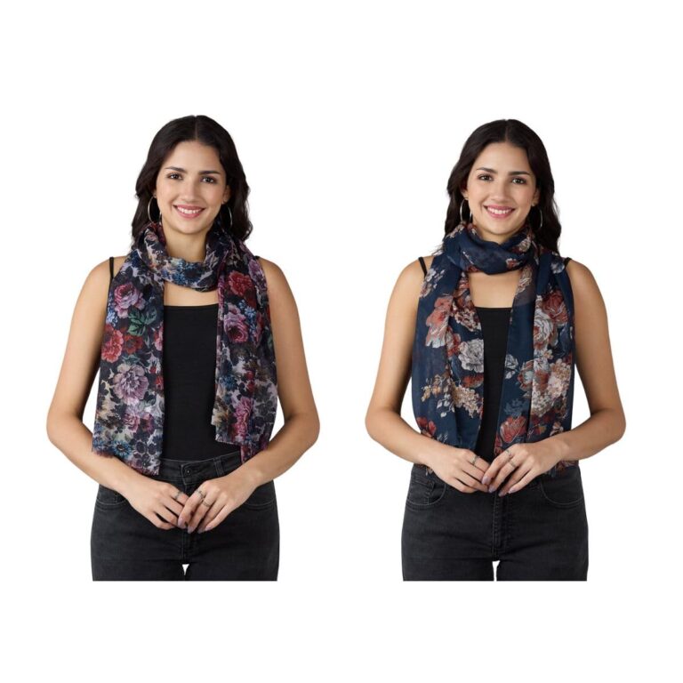 CLOTH HAUS INDIA Multicolor Printed Polyester Scarf For Women, Lightweight Soft Scarves Stoles for Summer & Winter (Size: 183 X 51 cm) || Pack of 2 ||