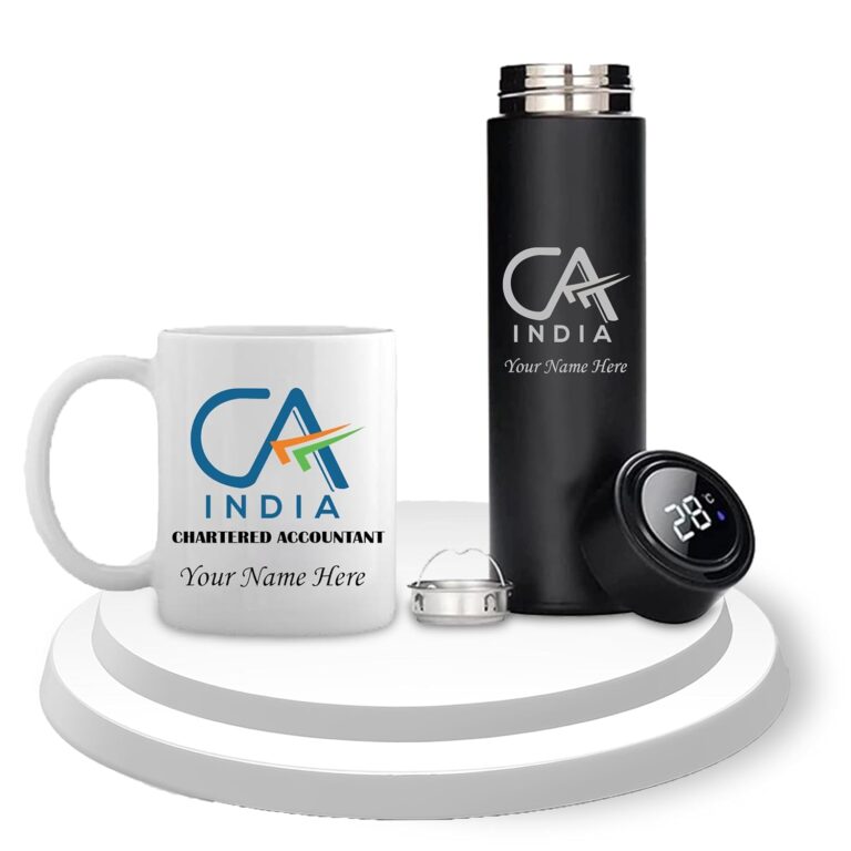 SAVRI Personalized CA Drinkware Combo – Black Temperature Bottle with CA Logo & Themed Mug – Diwali Corporate Gift – Customized with Name – Premium Gift Set for Chartered Accountants