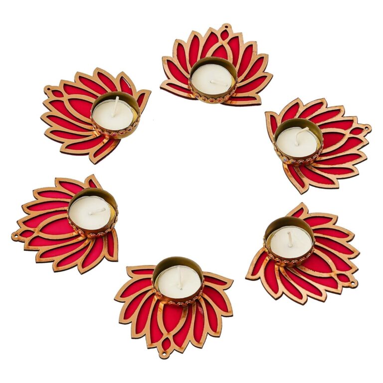 Shivani Trends Fashion Lotus Tealight Candle Holder Set | Lotus Diya & Reusable Rangoli for Floor & Pooja | Pack of 6 with 6 Free Tealight Candles | Red & Gold, Diwali Home Decoration