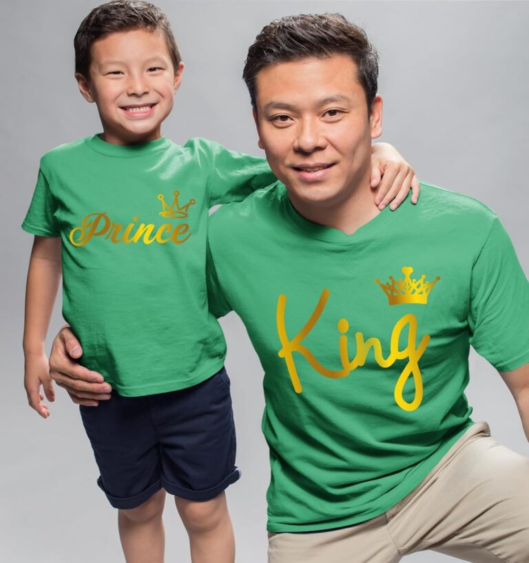 Hangout Hub Family | Dad Son Cotton T shirts | Round Neck |Printed King Prince|Blue|Green Color| Regular Fit| Half Sleeves| father son combo dress (Set of 2)