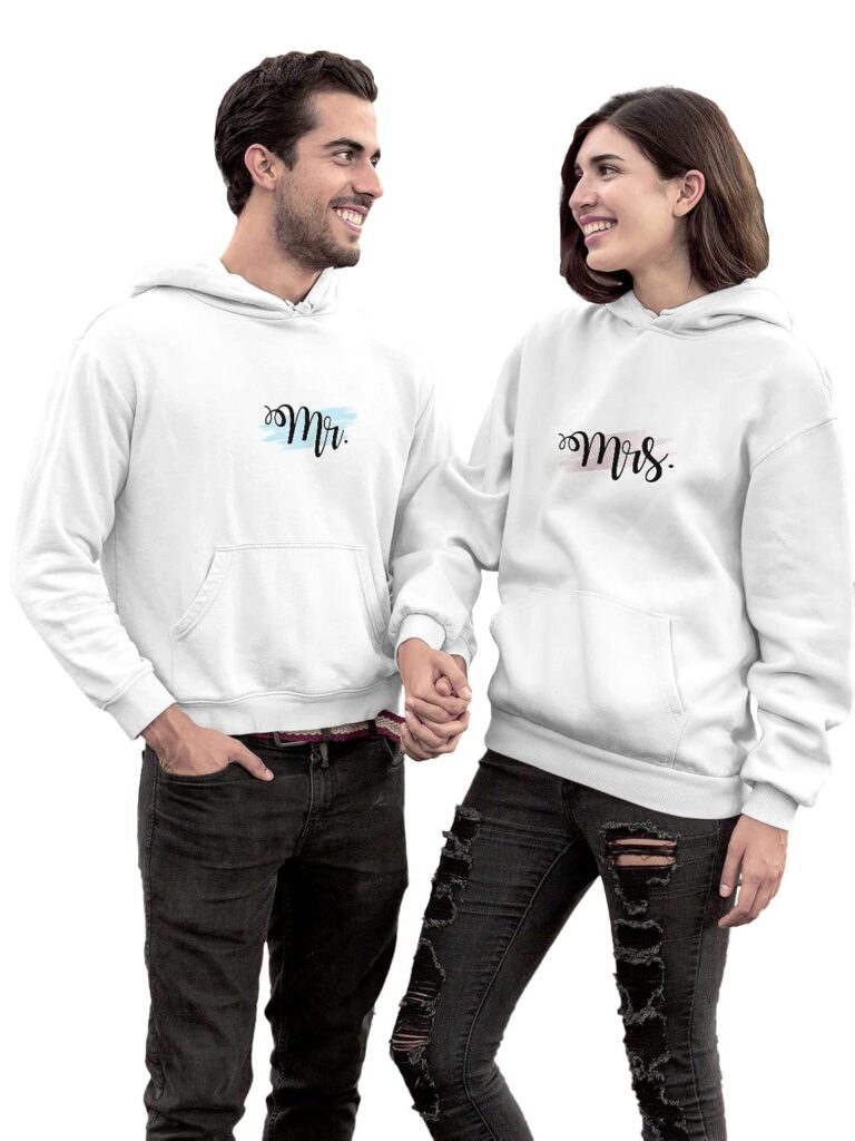 SATPURUSH Men’s & Women’s Casual MR & MRS Printed Full Sleeve Cotton T Shirt, Warm Pullover Monkey Cap, Hooded Neck, Regular Fit, Sweatshirts Hoodies for Couple- Pack of 2