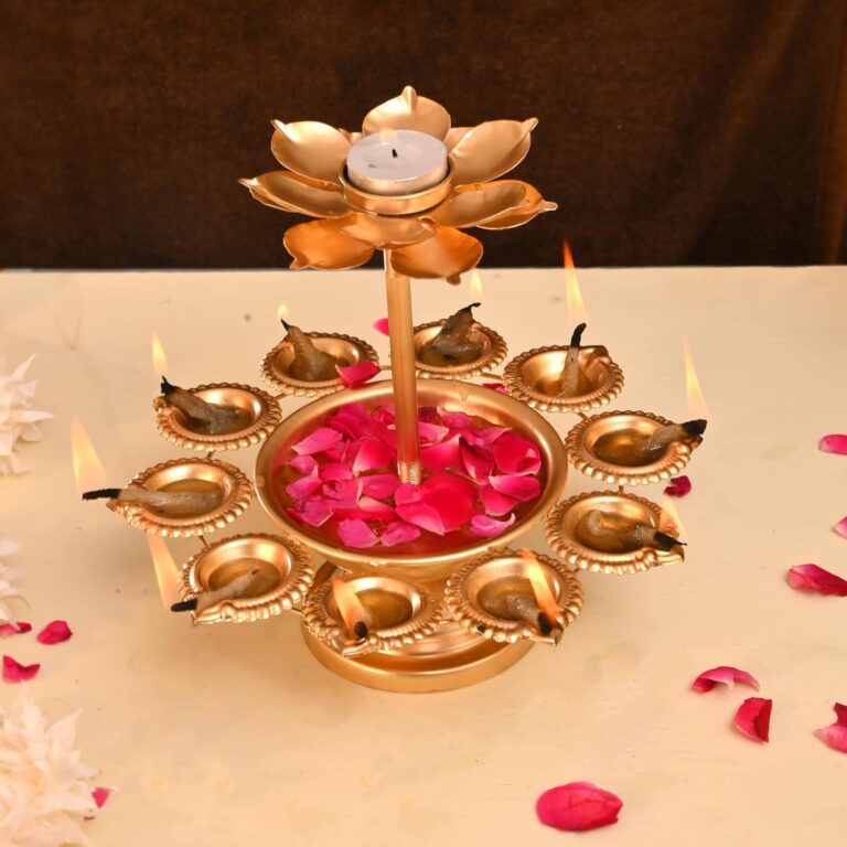 CraftVatika Diwali Decoration Items for Home Decor, Urli Bowl Diya Stand for Home Decor, Urli Lotus Candle Holder Set, Deepavali Decoration Items, Diwali Gifts for Family Friends (8.8 Inch Height)
