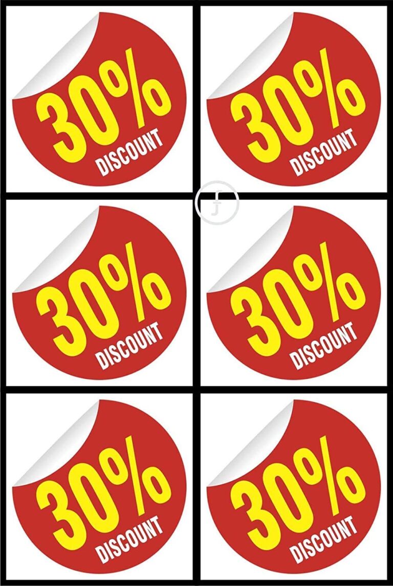 fingerz 30% Discount Offer Sale Tag Sticker High Resolution Image – Marketing Wall Poster Synthetic Glass Decal for Shop Mall Pack of 6 (6 x 6 inch , Multicolour)