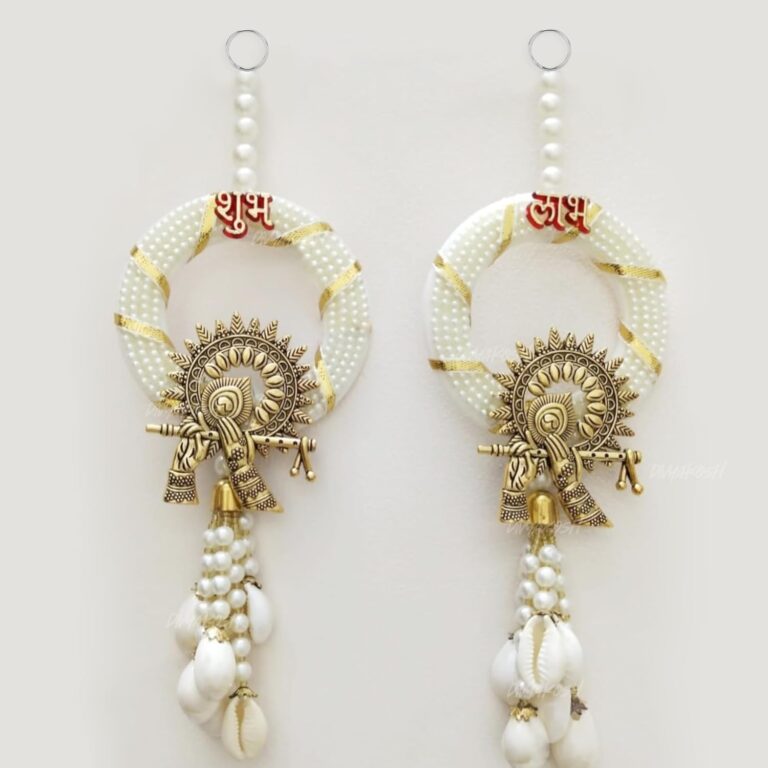 Divyakosh Beads Shubh-Labh Wall Hanging Decoration 2 Pcs, Size 10 Inch, Pooja Room Decor Items, Door Decorative Items Hanging, Door Tags for Diwali Hanging | White