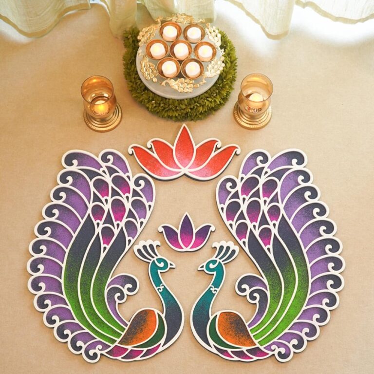 Swarn Rangoli Design – Mayur Collection from Island Rangoli | Peacock Rangoli Template for Home Decor| Easy Rangoli | Reusbale & Washable | Floatable Diwali & Pooja Ready (Swarn Yugal)