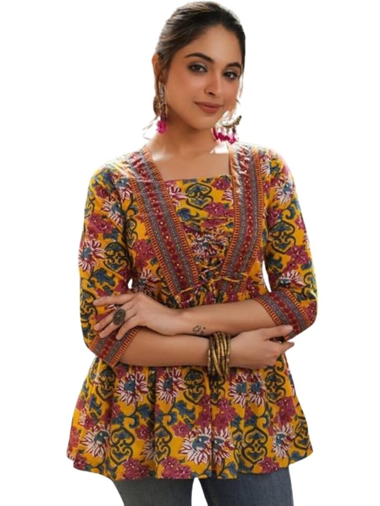 Leriya Fashion Women’s Rayon Paisley Printed Tunic Western Tops Short Kurti – Comfortable Everyday Wear & Half Sleeves, Collar Neck (Available in Plus Size and Combo Pack of 2)