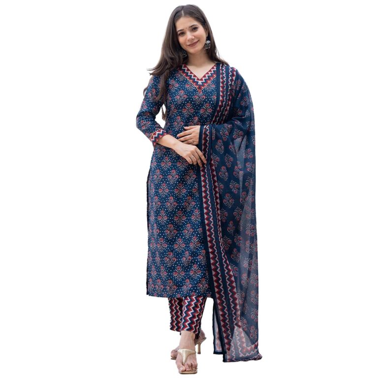SHIENZY Cotton Blend V Neck Kurta Pant Set with Dupatta for Women | Women Kurta Pant Sets with Dupatta (1607-1608)