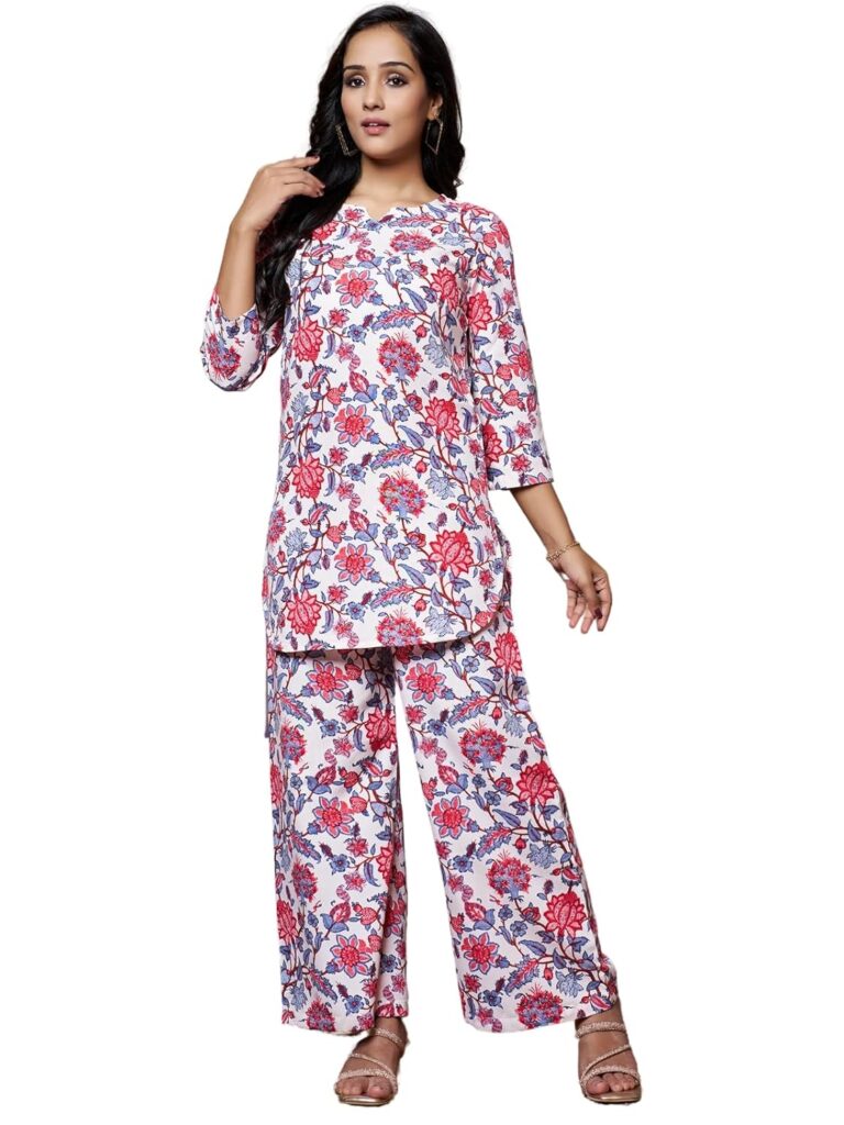 Leriya Fashion Co-ord Set for Women Stylish | Kurtis | Anarkali Viscose Rayon Printed Kurta & Straight Pant Set | Festive Ethnic Indian Traditional Outfit for Functions & Puja | Pajama set For Woman | Night suit | 3/4 Half Sleeve