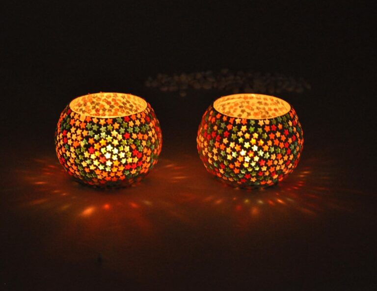 TIED RIBBONS Pack of 2 Turkish Mosaic Glass Votive Tealight Candle Holders – Diwali Decorations Items for Table Home Decor Office Gifts (Glass, Multi Color)