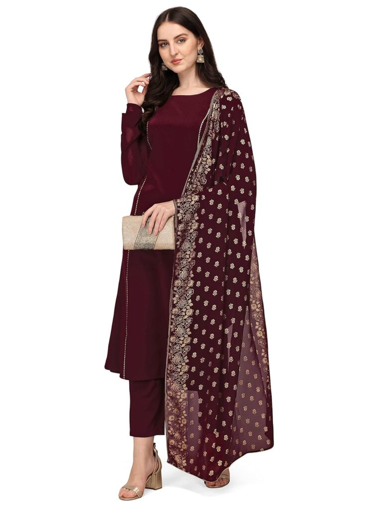 FIORRA Women’s Maroon Poly Crepe A-Line Kurta Set With Dupatta