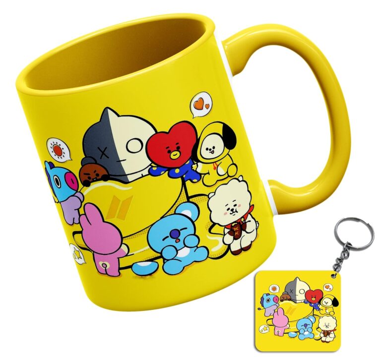 THE KAMY Inside Yellow Ceramic Coffee Mug with Keychain for BTS | BT21 | Butter Lovers, Printed on Both The Sides. (350 ML) (D04)