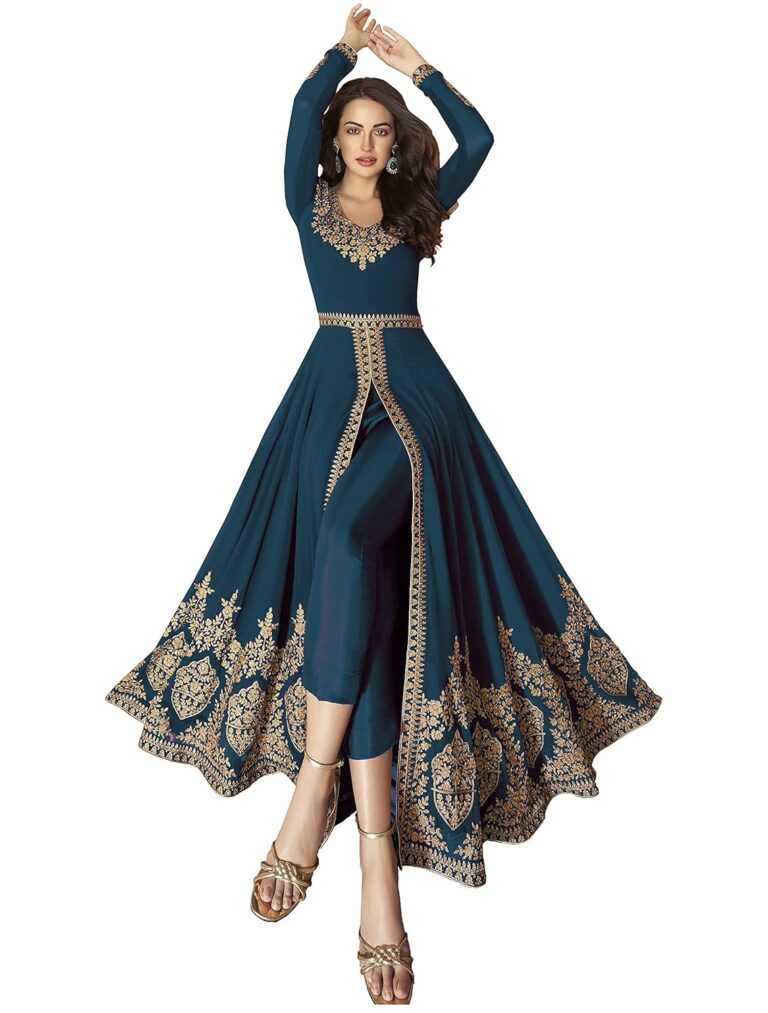 Divine International Trading Co Women’s Faux Georgette Semi Stitched Top with Santoon Fabric Bottom and Faux Georgette Dupatta Embroidered Front Slit Anarkali Dress