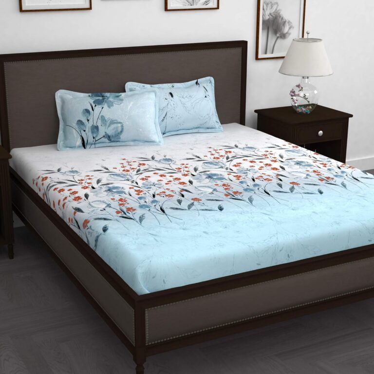 Story@Home Bedsheet for King Size Bed | Cotton Bedsheet | Floral | King Size Bed Sheet Cotton with 2 King Pillow Covers (270 x 270cm, Sky Blue) | Perfect for Home Decor | 240TC
