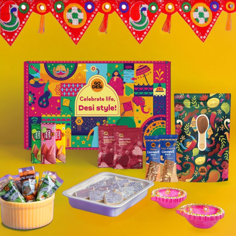 GO DESi Diwali Gift Box -17 Items | DESi Fun Diwali Gift Hamper | Diwali Diya Set | Diwali Gifts for Family and Friends | Toran | Kaju Katli | DESi POPz: Tangy Imli, Real Aam, Kaccha Aam | Badam Coconut Barfi | Kaju Kishmish Coconut Barfi | Meetha Paan | Fruti Twist: Real Aam, Kaccha Aam, Guava